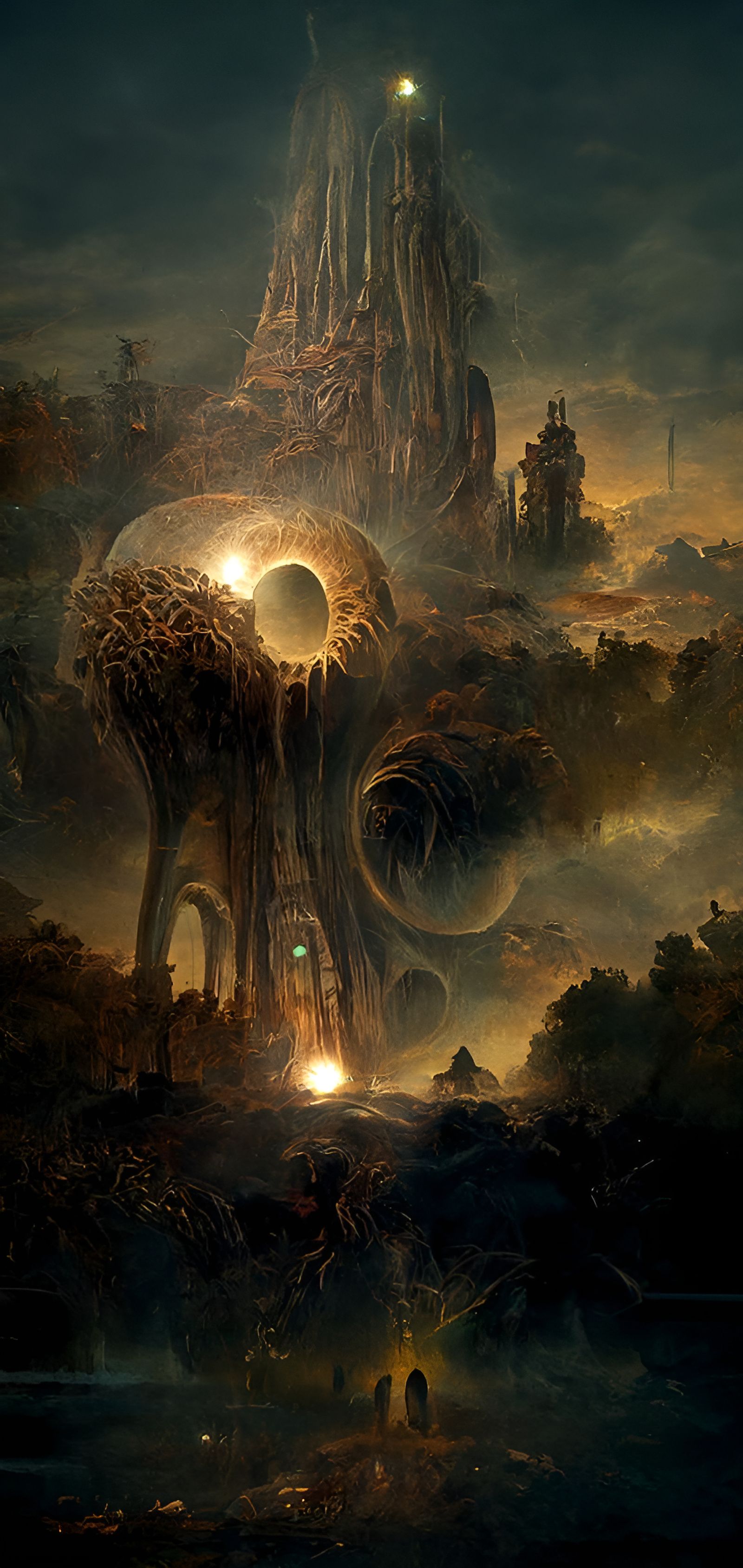 Alien Creatures and Ruins in Sci-Fi Landscape