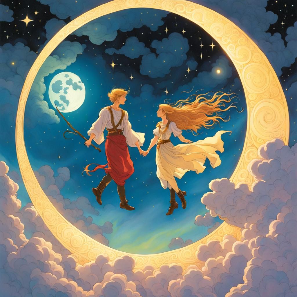 Weightless Couple in Starry Sky, Illustration Style