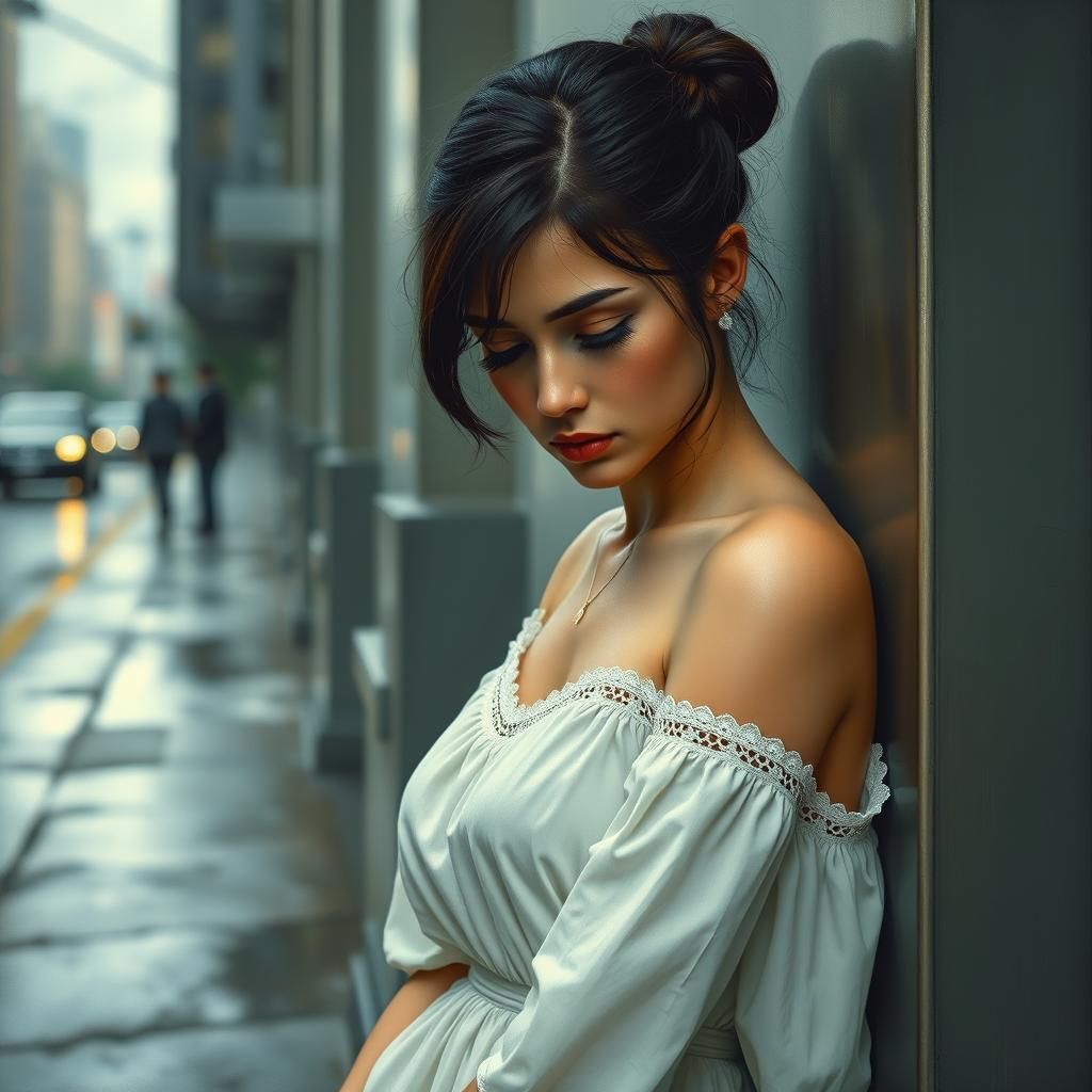 Woman in White Dress: Hyper-Realistic Cityscape
