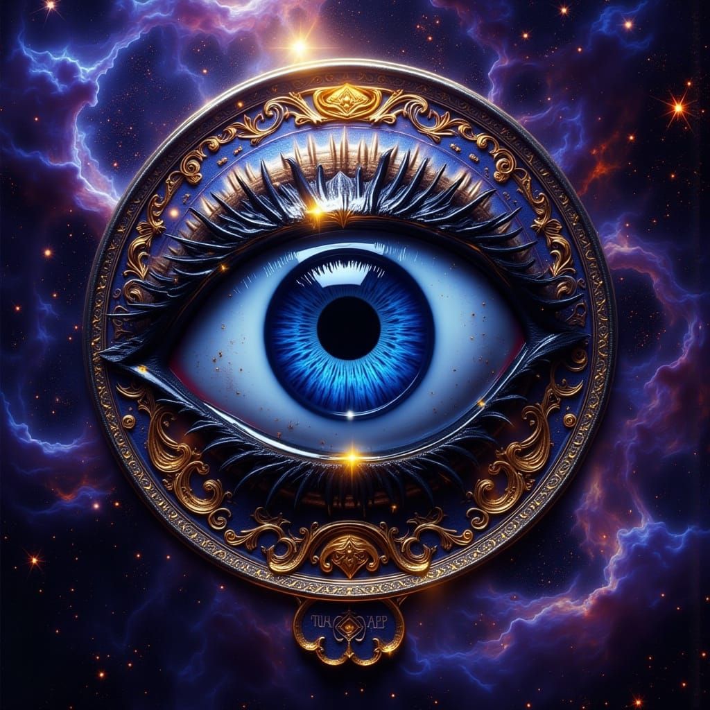 Ancient Greek Evil Eye Amulet in Cosmic Nebula