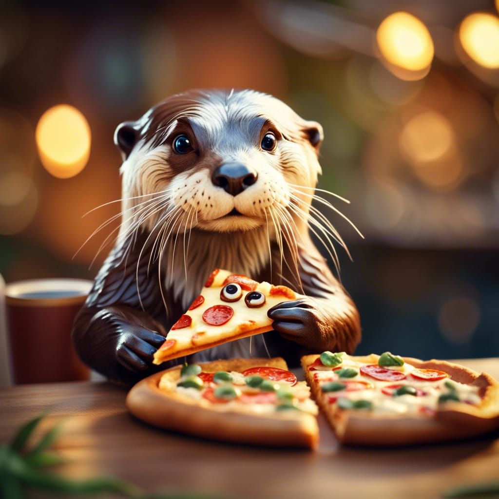 Adorable Otters Eating Pizza in Restaurant: Professional Pho...