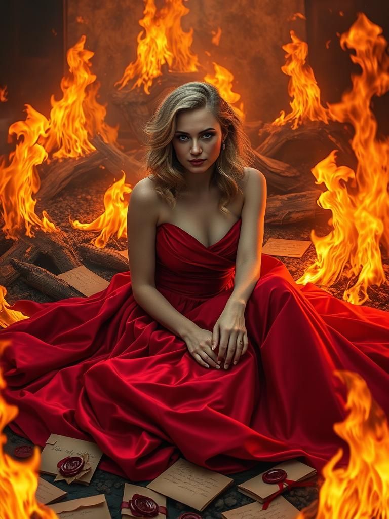 Passionate Woman Amidst Burning Love Letters