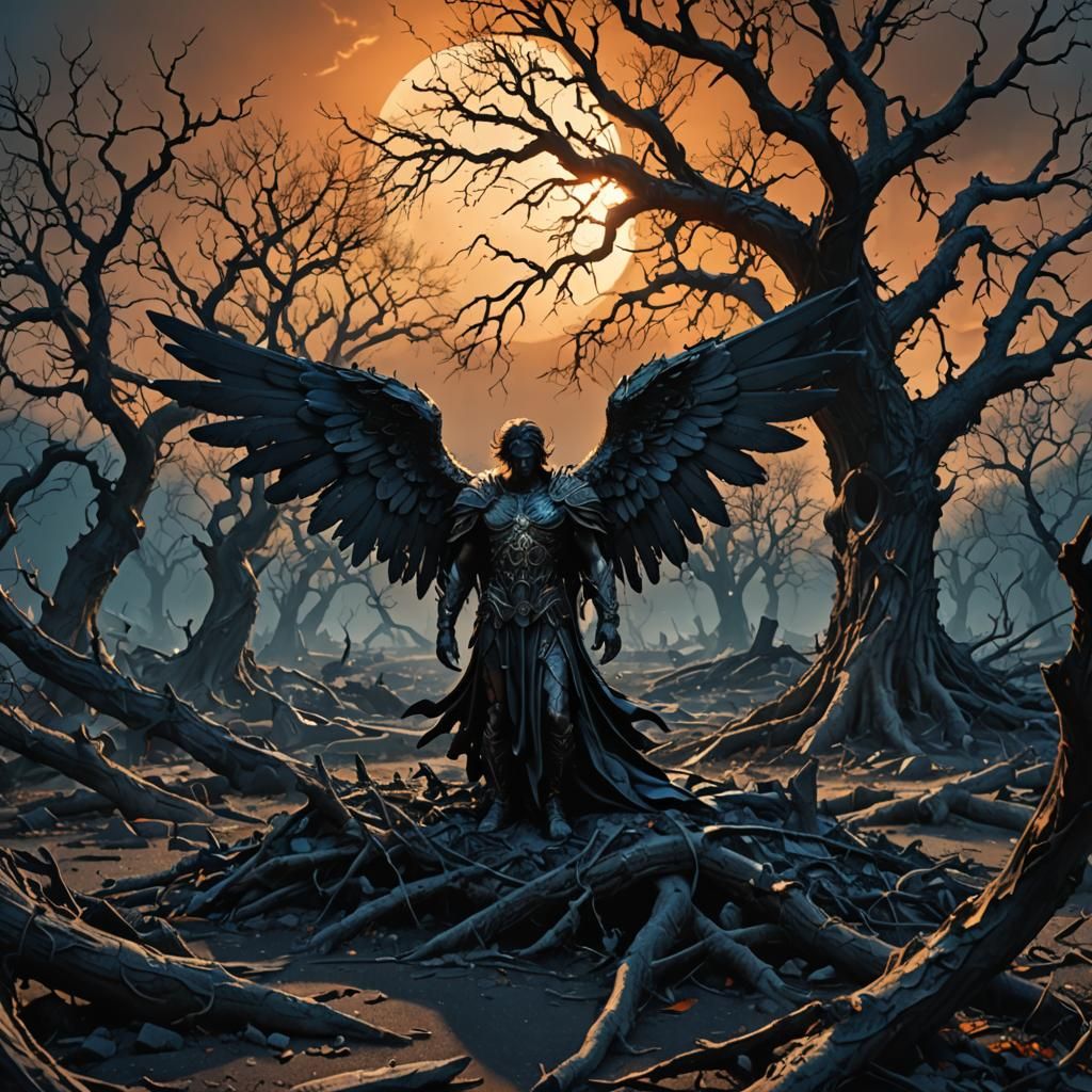 Fallen Angel in Dark Fantasy Landscape