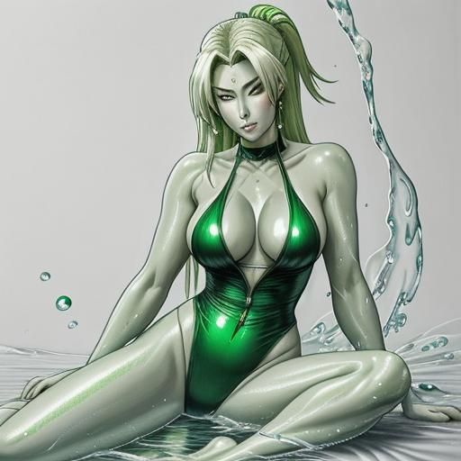 Oily Lady Tsunade in Green Swimsuit, Charcoal Drawing