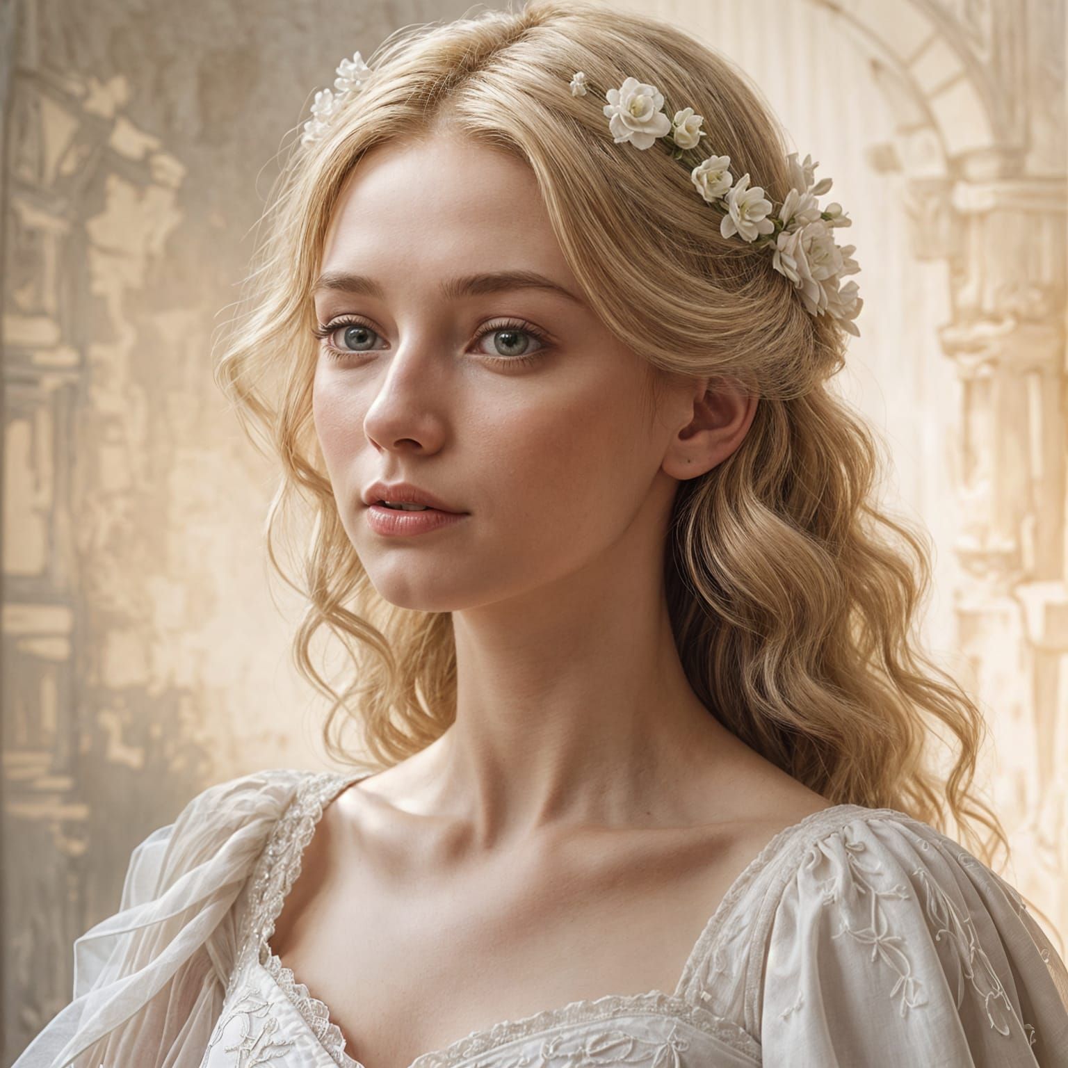 Blonde Girl in White Sangallo Gown