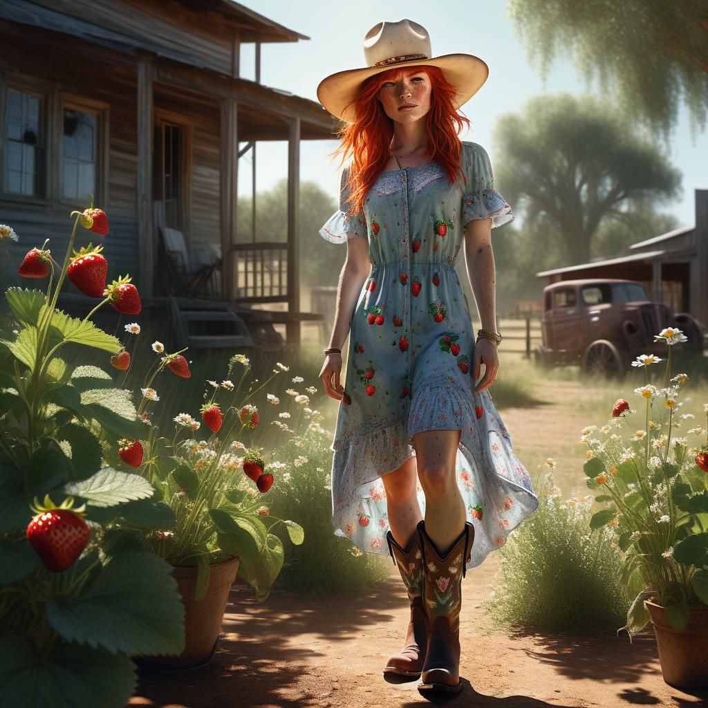 Whimsical Strawberry Cowgirl Basks in Golden Hour
