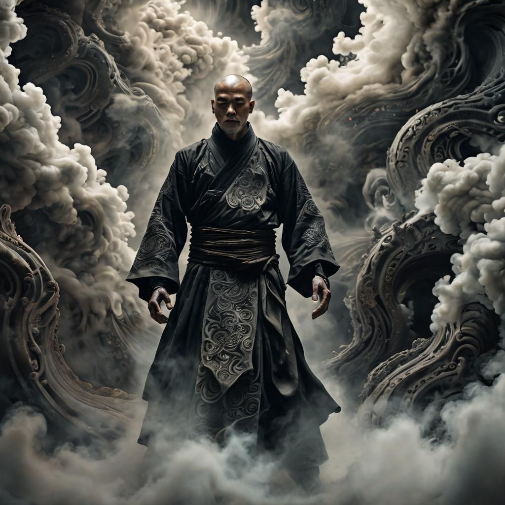 Warrior Monk in Surreal Dark Fantasy Landscape