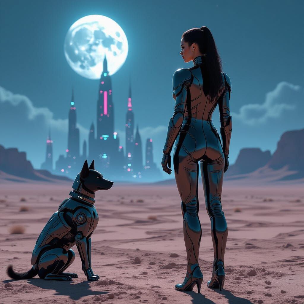 Cyberpunk Woman and Robotic Dog on Moonlit Plain