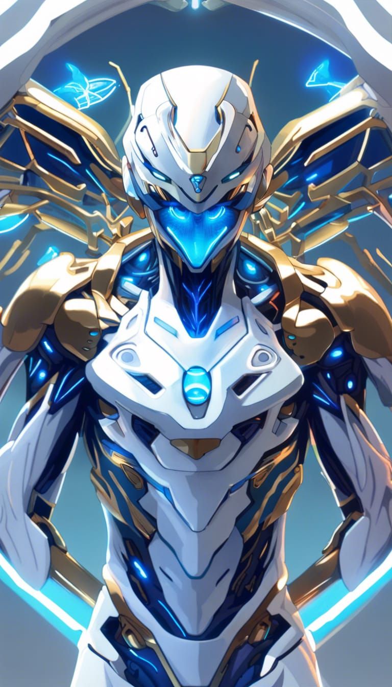 Evangelion, hyper realistic, white reflective body, blue glo...