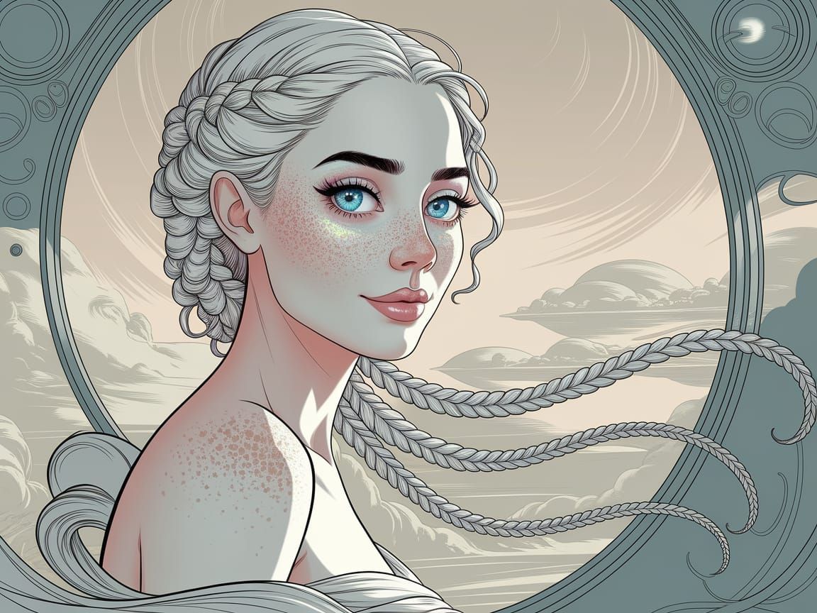 Ethereal Freckled Woman in Art Nouveau Style