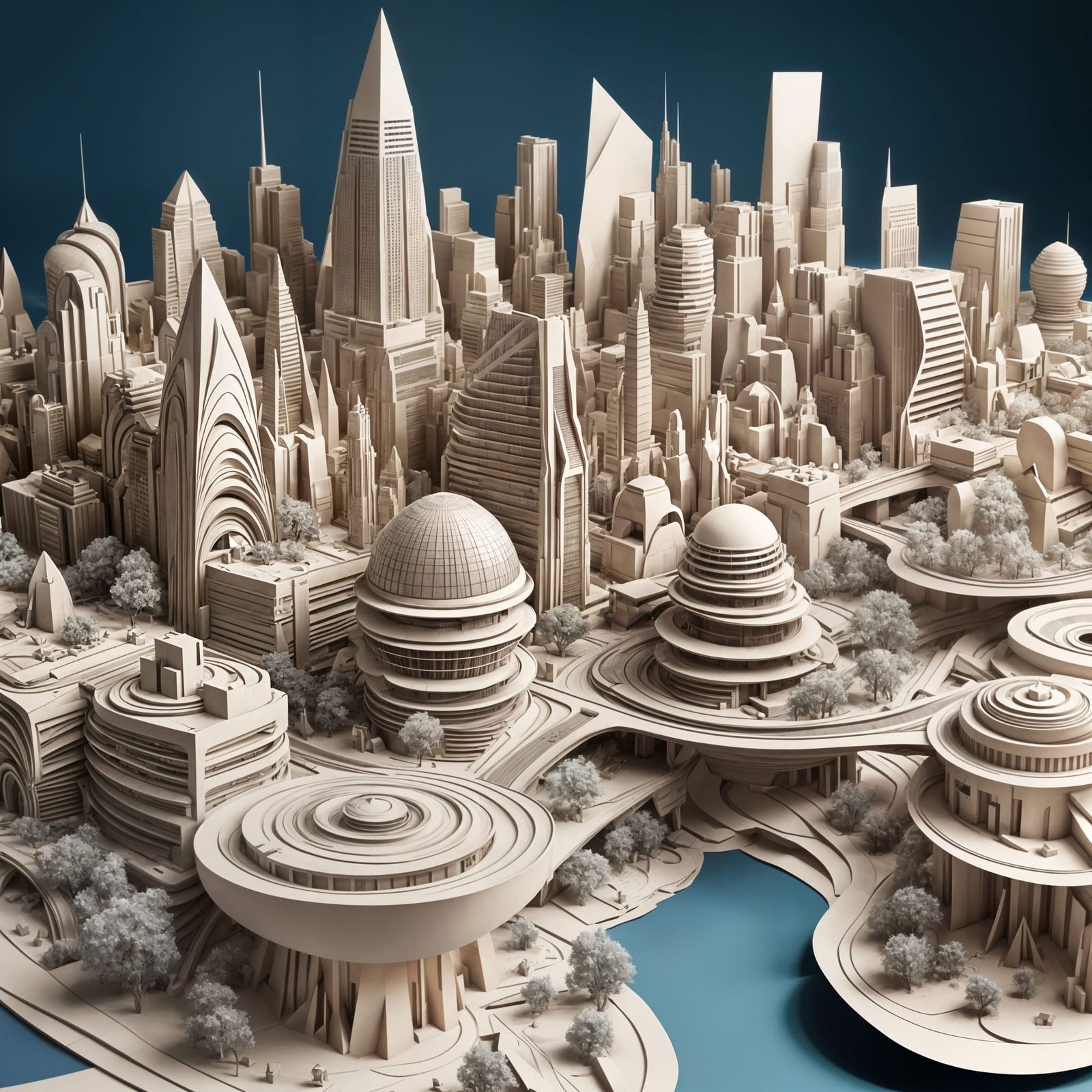 Detailed Papercraft Futuristic Cityscape Model