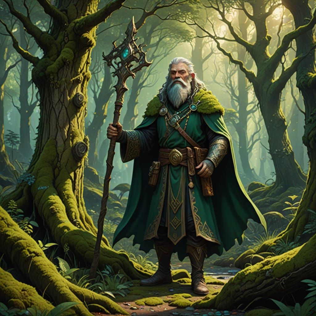 Moss-Covered Druid in Ancient Forest Glory