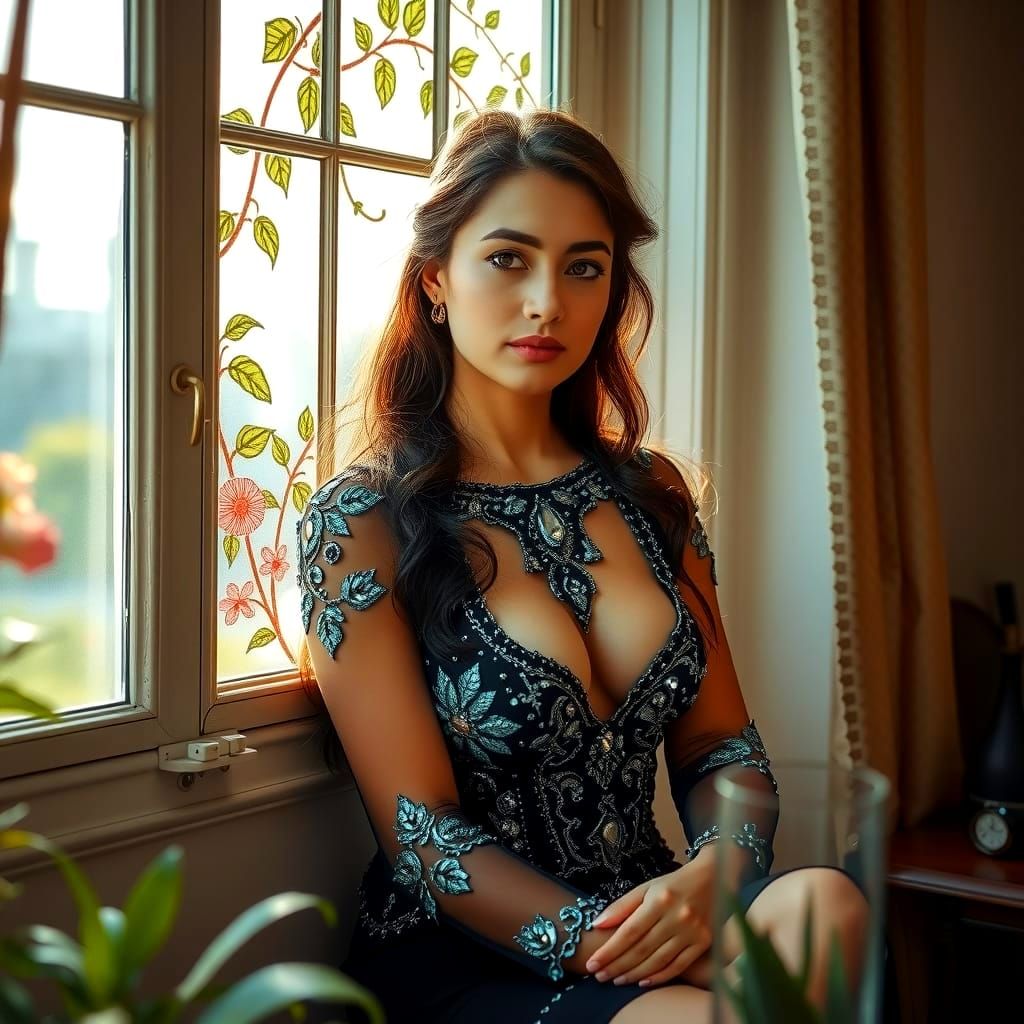 Beautiful Woman Waiting by Embroidered Window