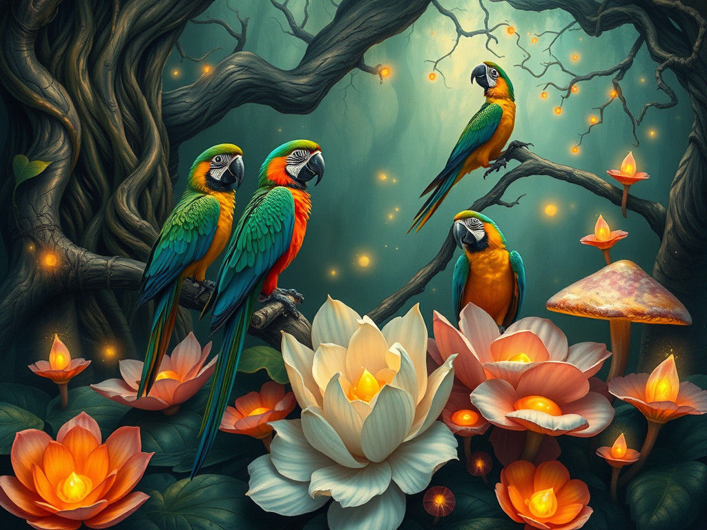Exotic Birds in Mystical Forest, Surrealist Style