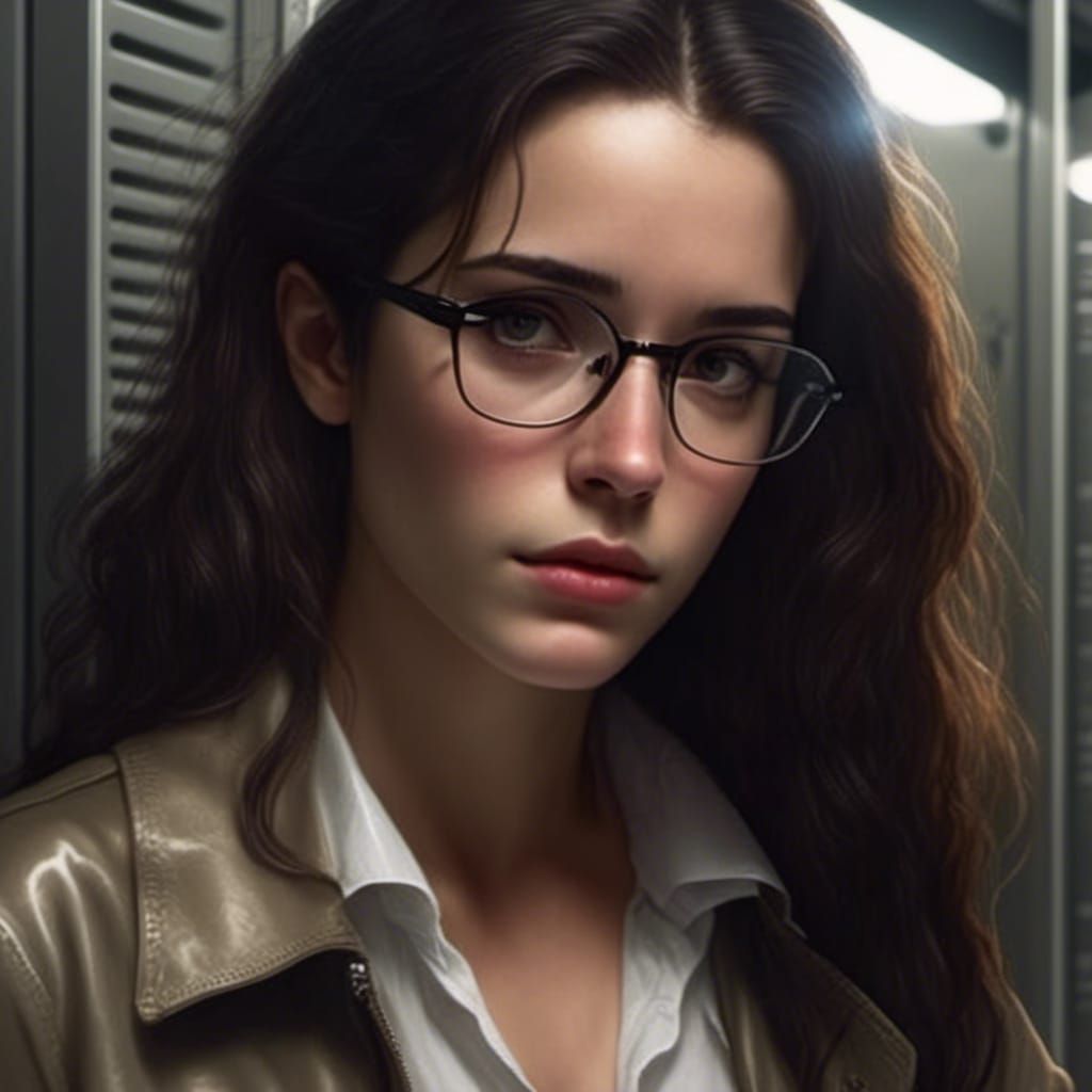 Pensive Woman in Locker Room, Hyperrealistic Close-Up