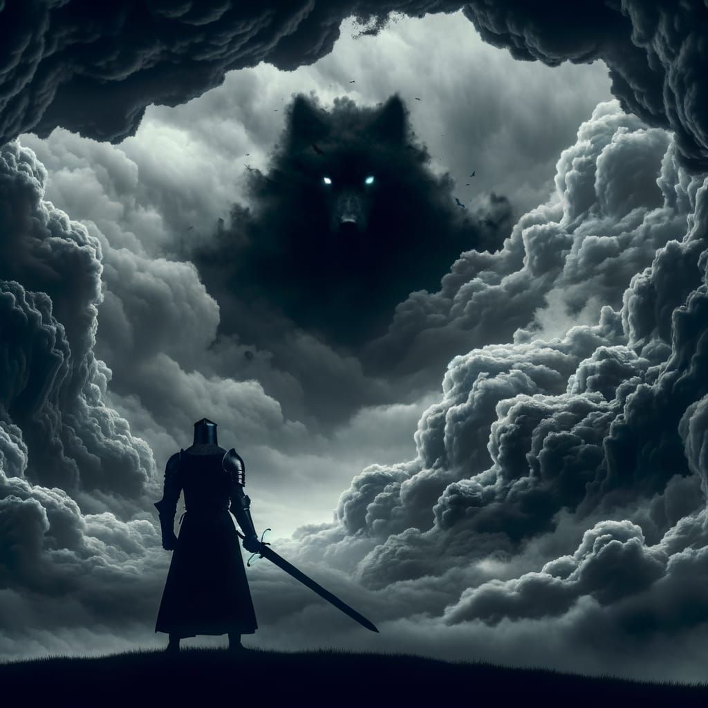 Giant Wolf Cloud Looms Over Knight in Dark Sky