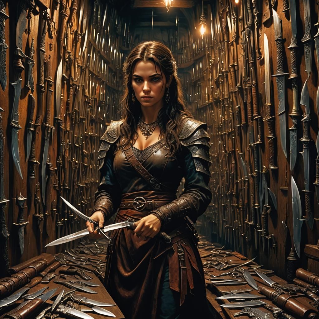 Fantasy Knife Shop: Bhatri Female in Dimly Lit Setting
