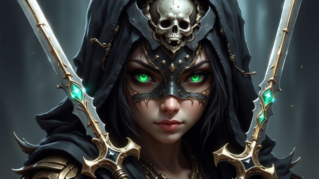 Sinister Halfling Rogue with Skull Mask and Daggers