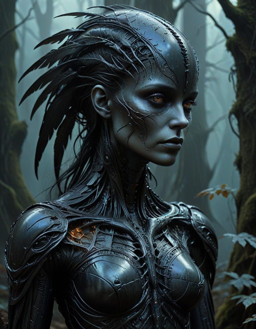 Majestic Raven Goddess Emerges from Dark Forest