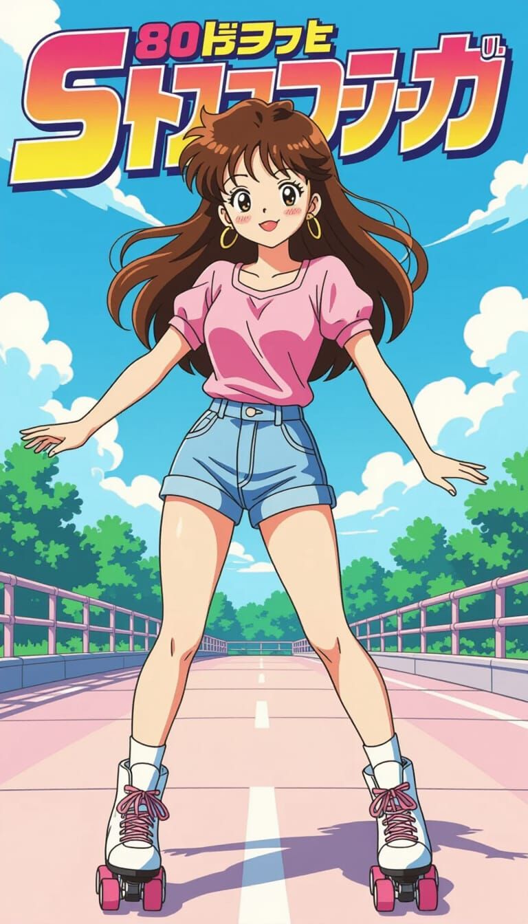 Cute 80s Anime Girl Roller Skating and Blowing a Kiss