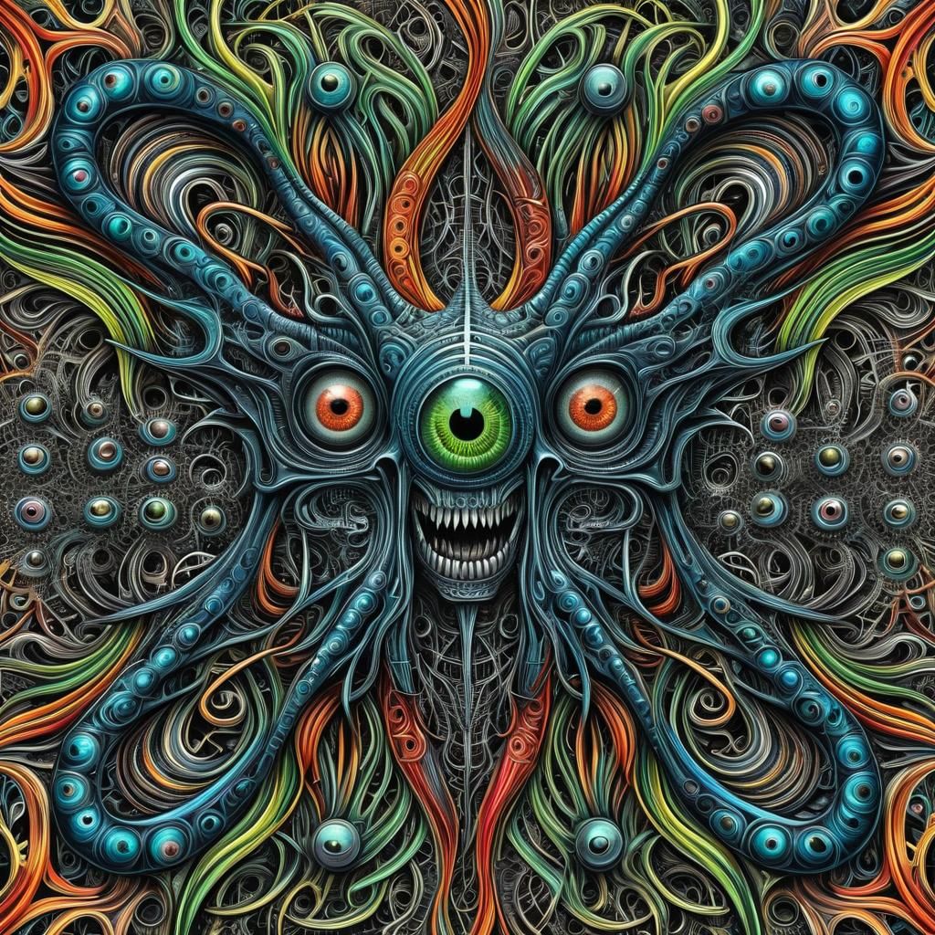 Surreal Chimera with Demonic Eyes, Colored Pencil Art