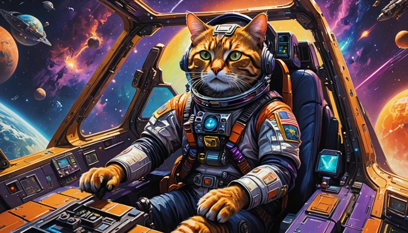 Cat Pilot in Epic Space Battle, Vibrant Oil Painting
