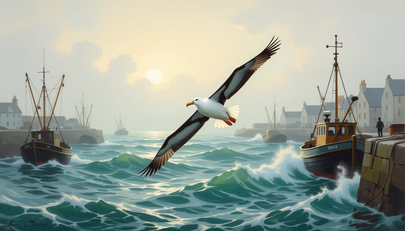 Albatross Takes Flight Over Scottish Fishing Port in Misty M...