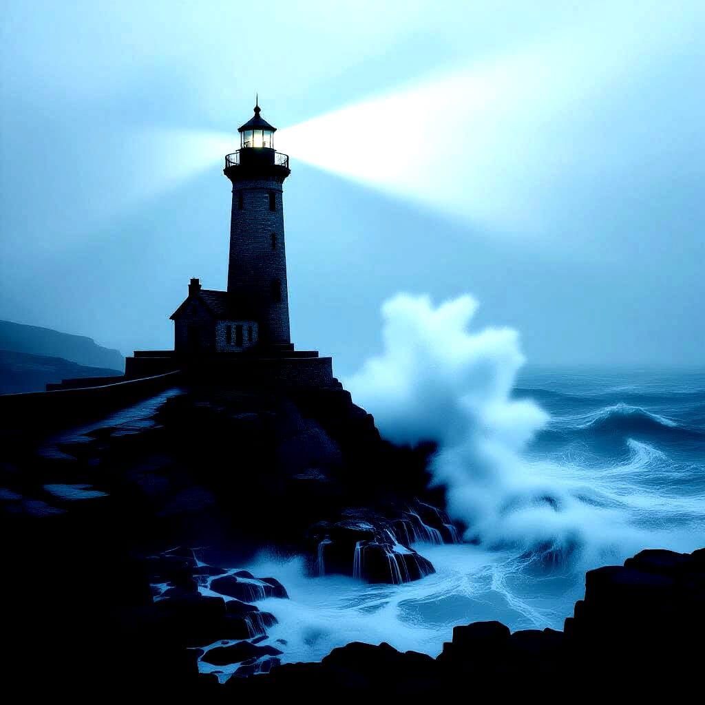 Lone Lighthouse Beam Pierces Fog Over Turbulent Sea