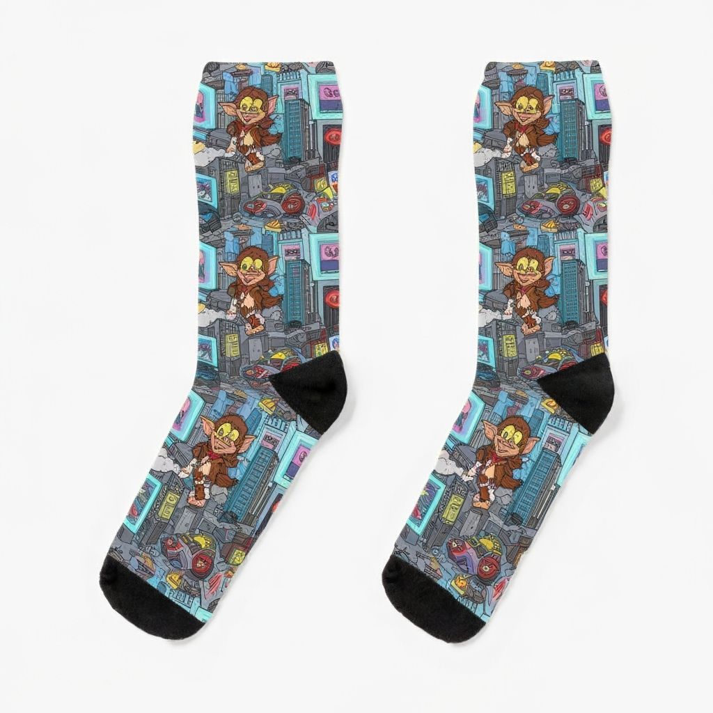 Mischievous Gremlins Cause Chaos on Cartoon Cityscape Socks