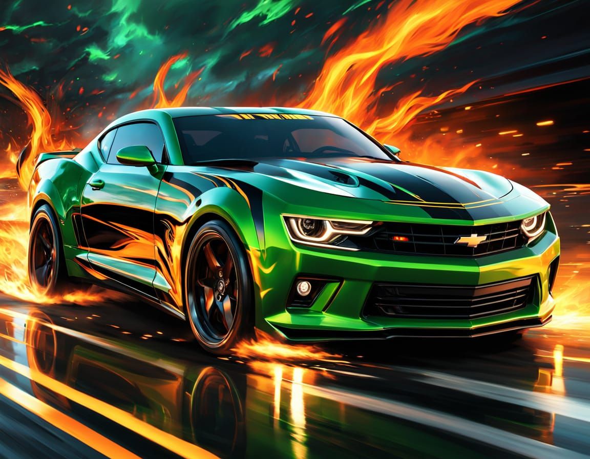 High-Speed Anime Visual: Green Camaro Blazes Through Flames