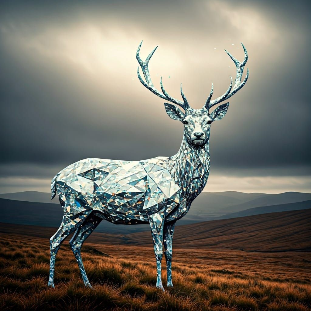 Diamond Deer in Misty Highlands: Digital Art