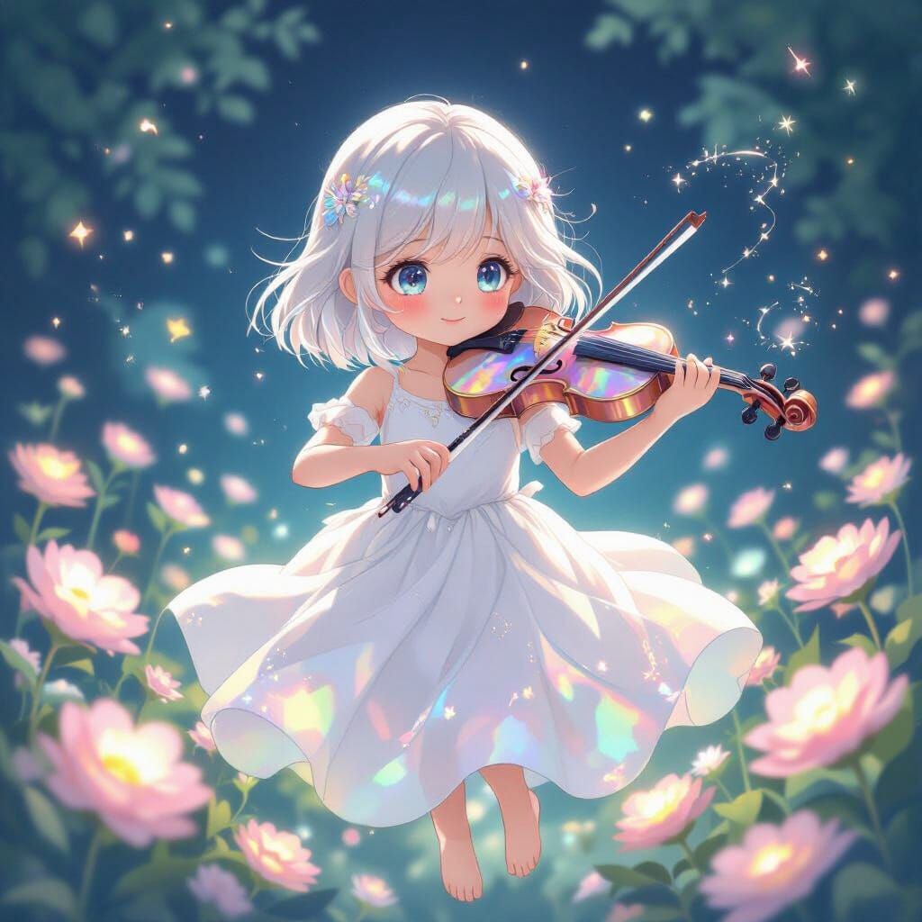 Ethereal Girl Plays Violin Amidst Glowing Flowers