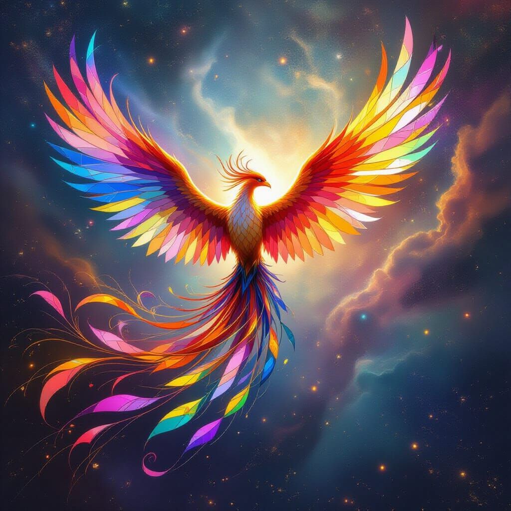 Iridescent Stained Glass Phoenix Soars Through Cosmic Nebula