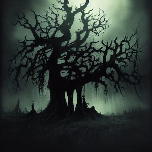 Gothic Horror Landscape with Smiling Trees in Dark Fantasy S...