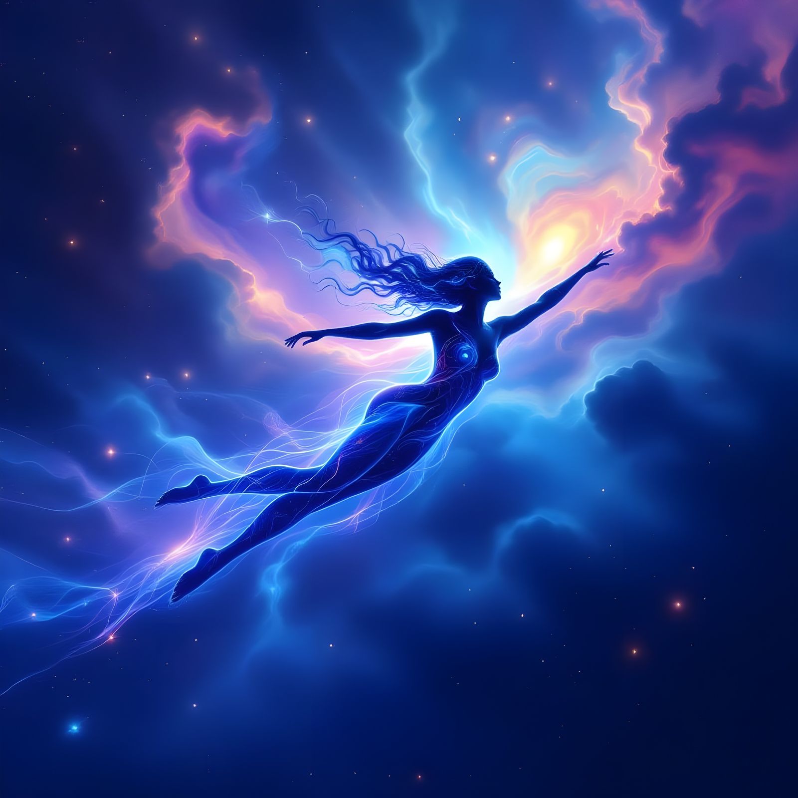 Astral Swimmer Glides Through Cosmic Nebula