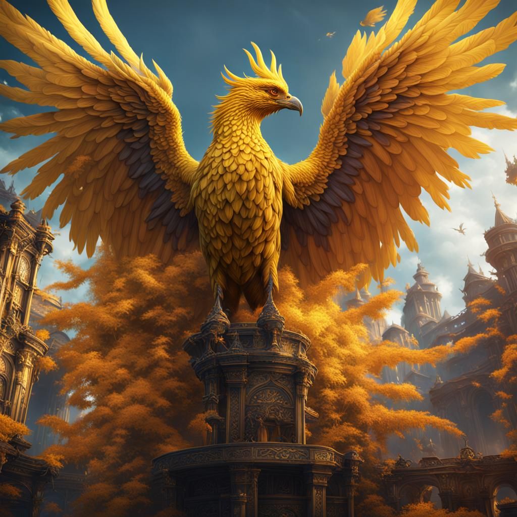 Fantastical Yellow Phoenix Concept Art in Deep Color