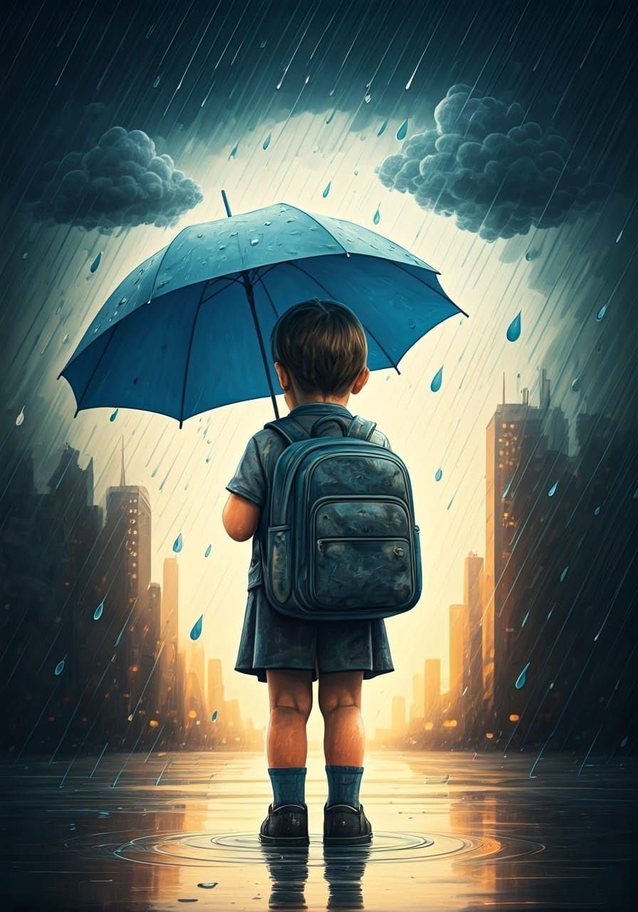 Vibrant Toddler in Rainy Cityscape, 3D Pencil Art