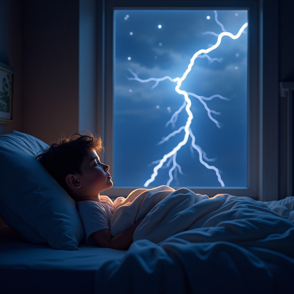Boy Asleep During Night Sky Lightning Storm