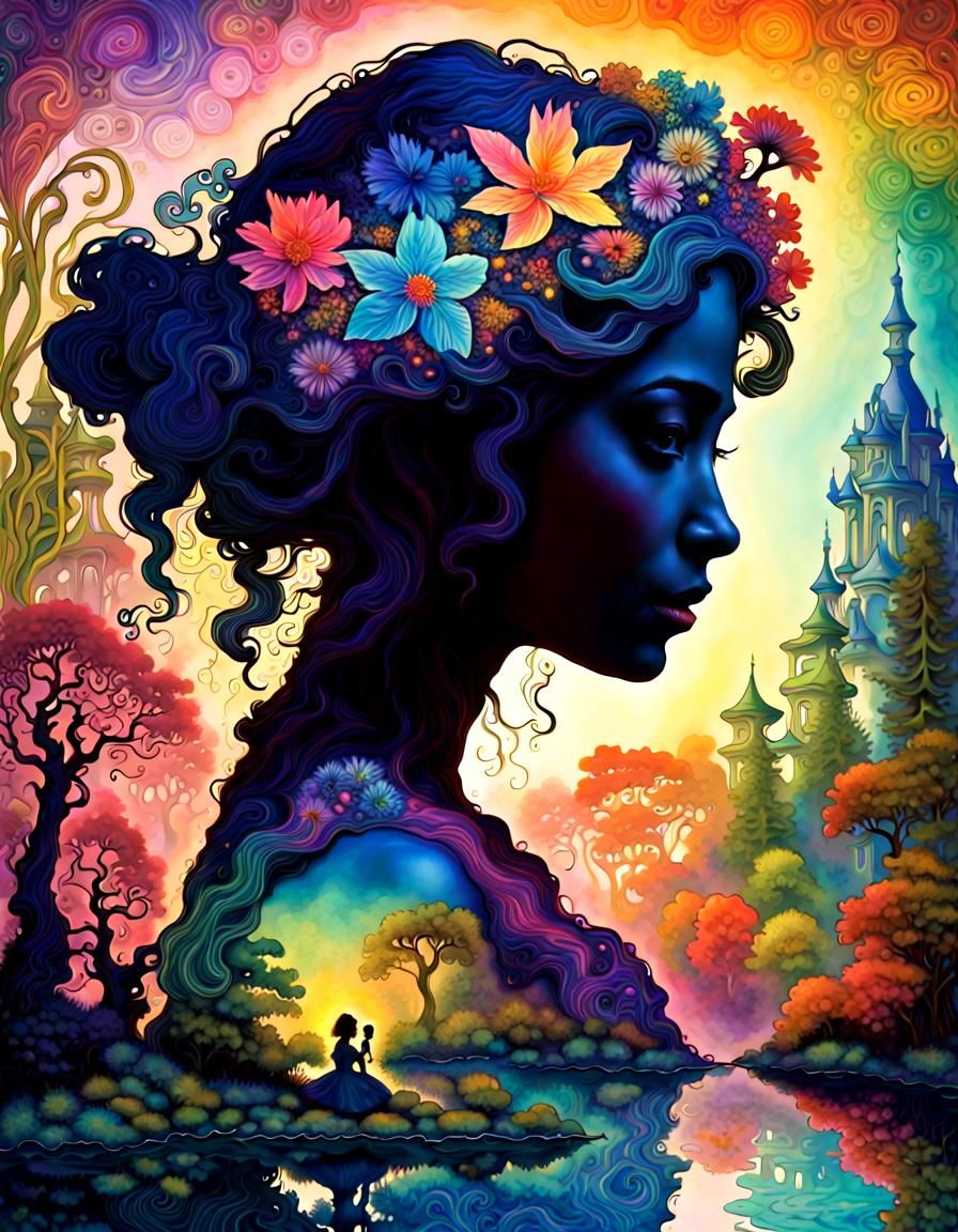 Psychedelic Princess Silhouette with Double Exposure