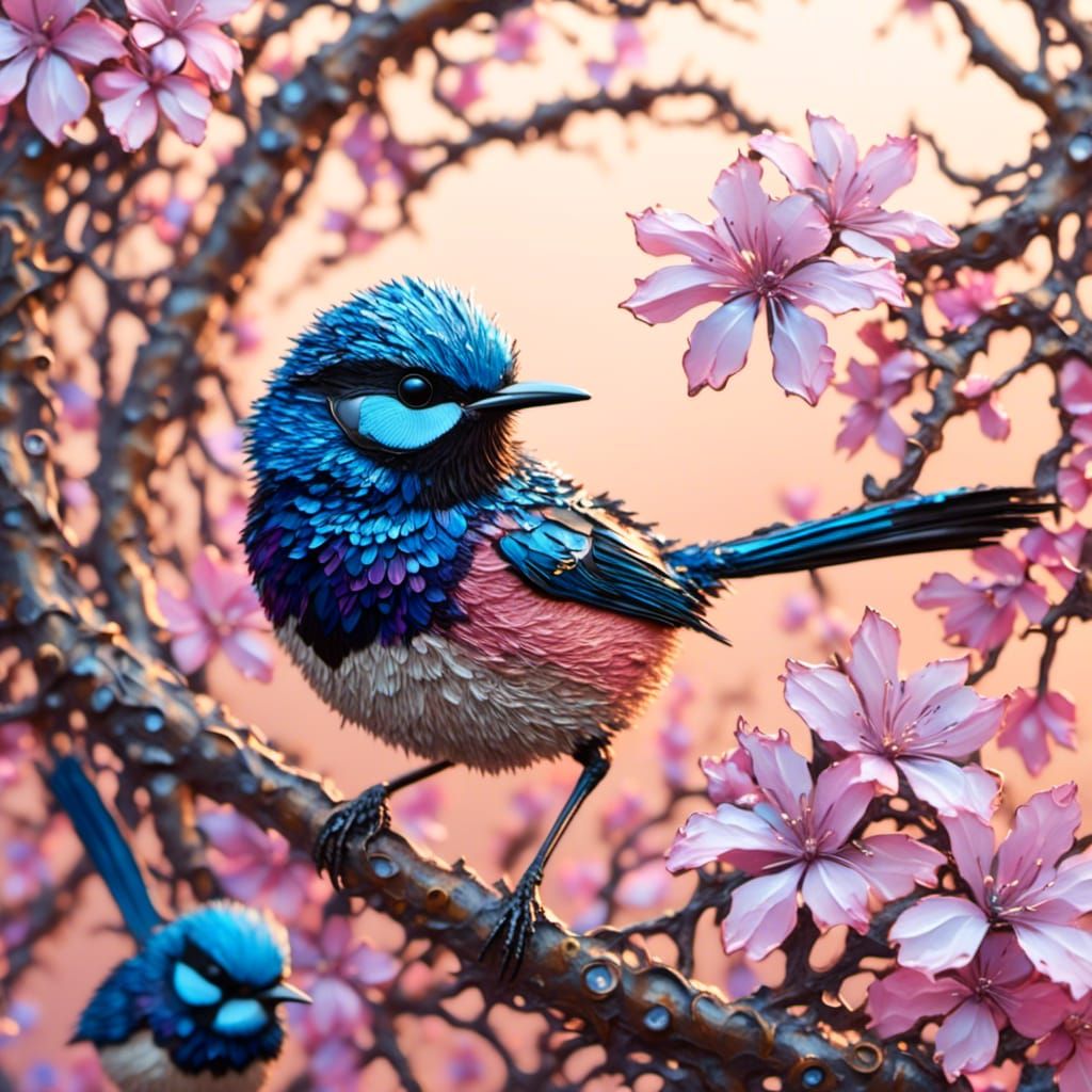 Blue Fairy Wren with Pink Flowers in Impasto Style