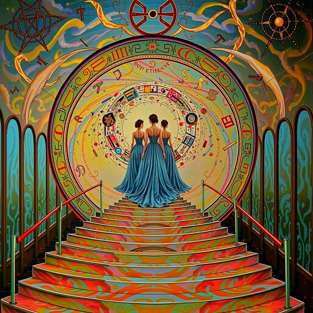 Three Sisters on Celestial Staircase in Hyperrealistic Style