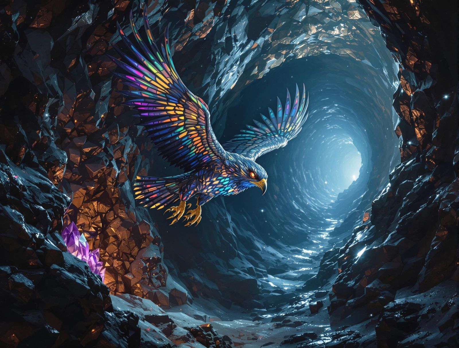Metallic Hawk in Iridescent Feathers Soars Through Ancient T...