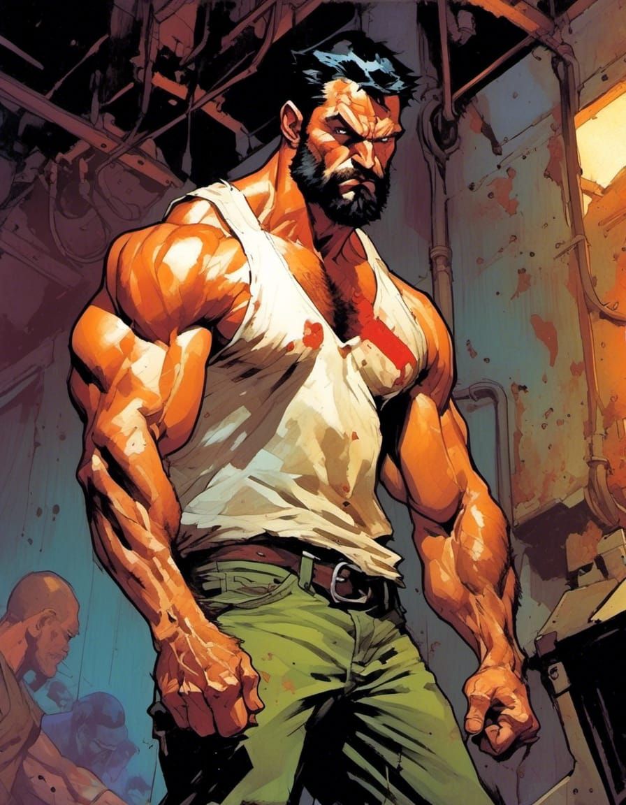 Intense Comic Portrait of Muscled Bare-Knuckle Brawler