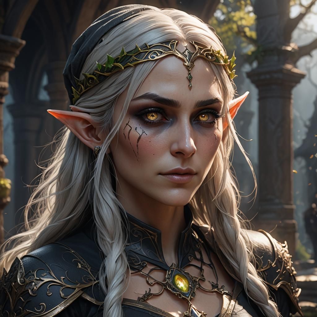 Female Elf Butler with Blinded Eye: Detailed Matte Painting