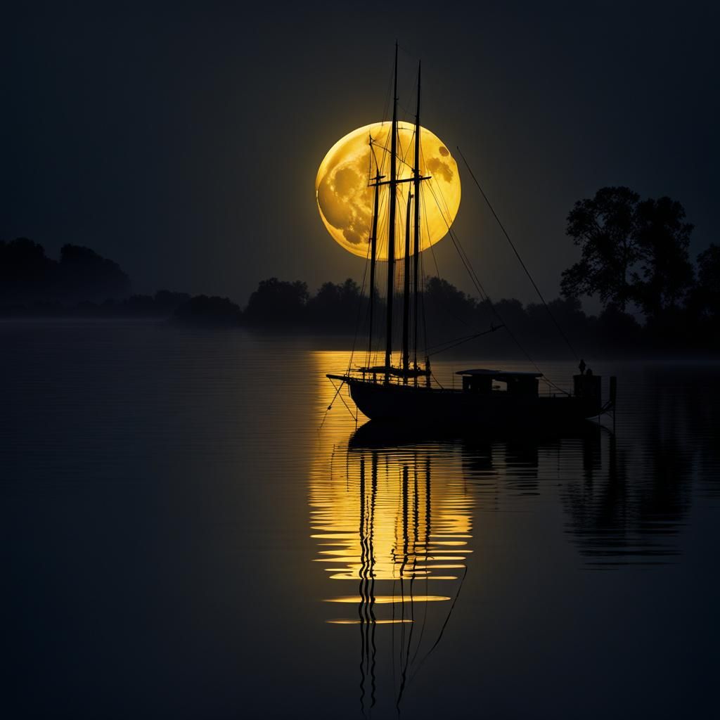 Full Moon over Still Water at Night
