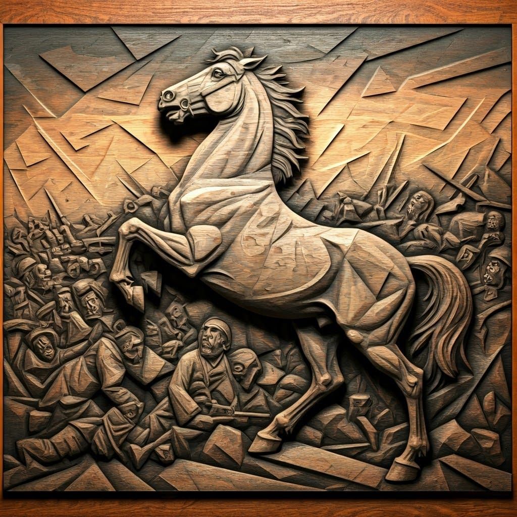 Distressed Wood Panel Relief Sculpture of War-torn Horse