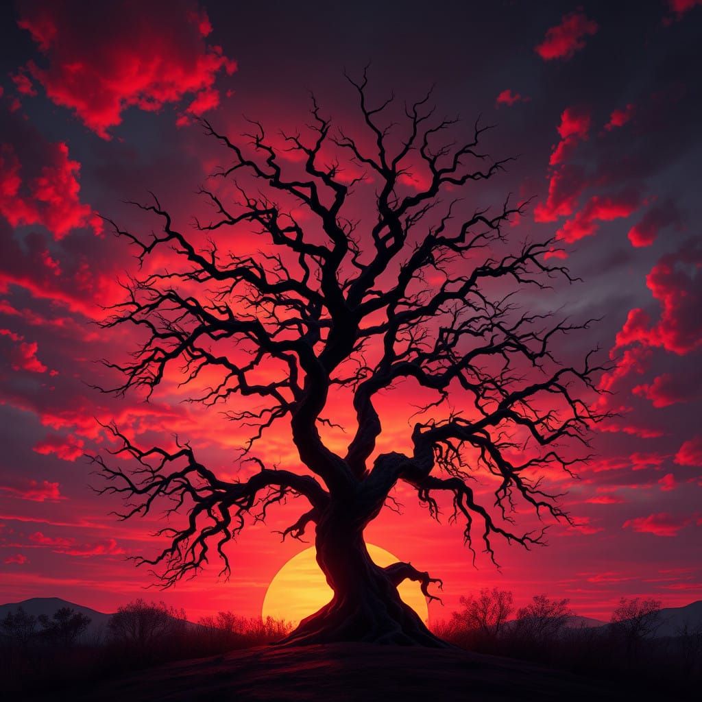 Ethereal Tree Silhouette Amidst a Blood Red Sunset