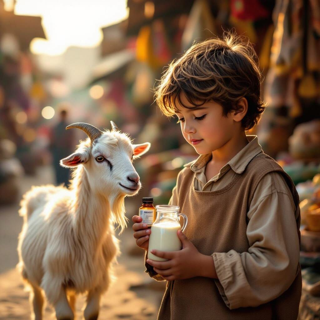 Boy Buys Milk and Medicine from Goat at Rural Market