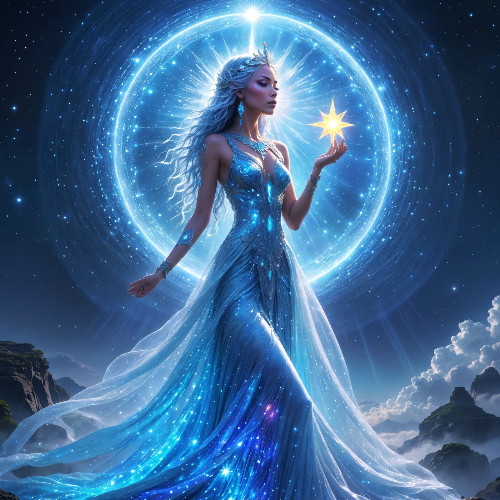 Celestial Goddess in Vibrant Cosmic Aura
