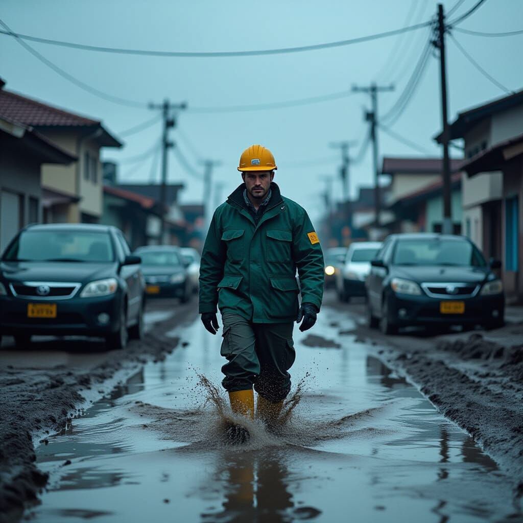Geologist Navigates Flooded Disaster Zone in Dim Light